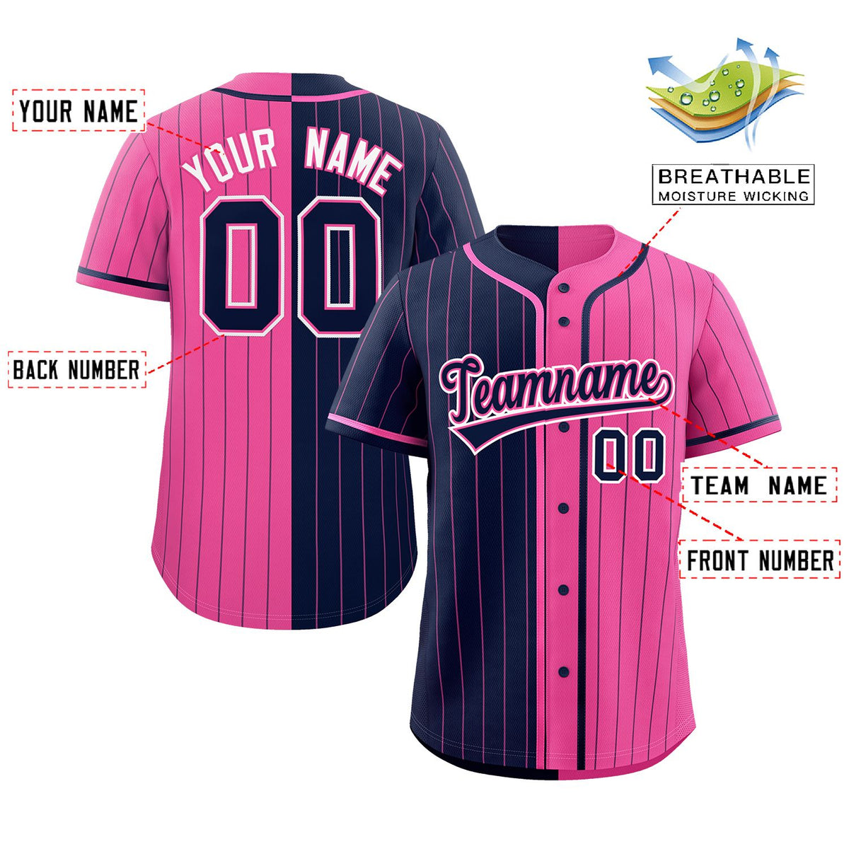 Custom Navy Pink Two Tone Striped Fashion Authentic Baseball Jersey
