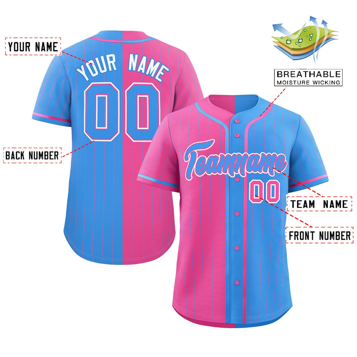 Custom Pink Powder Blue Two Tone Striped Fashion Authentic Baseball Jersey
