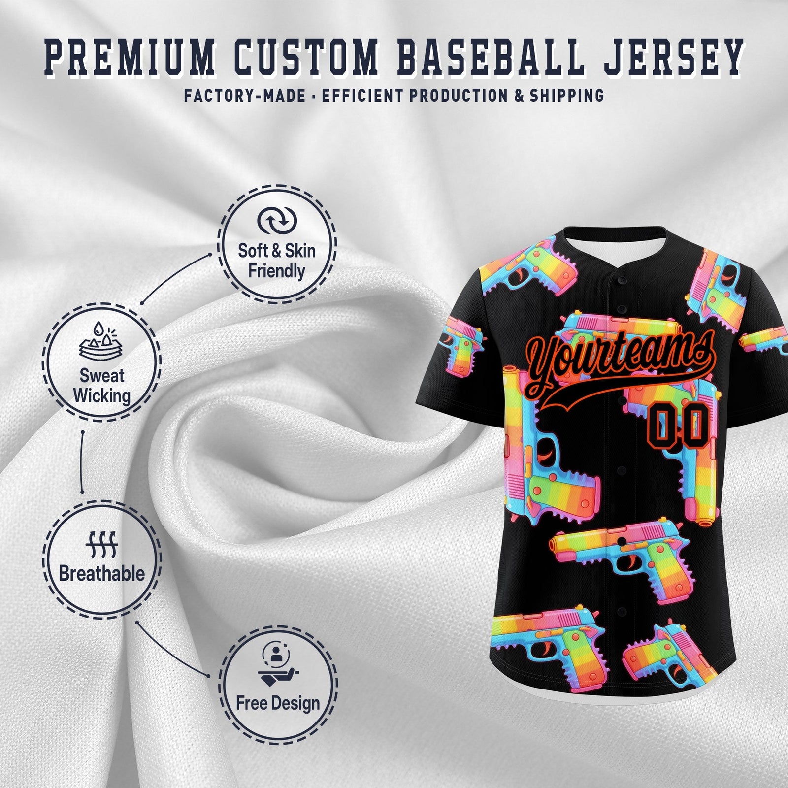 Custom Youth Baseball Jersey Black Orange Sugar-Coated Firepower Graffiti Pattern Street Style