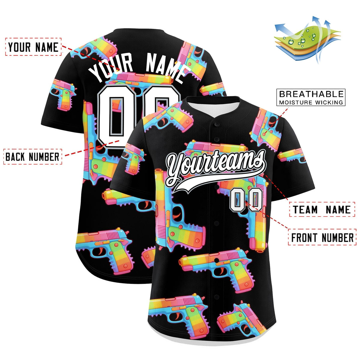 Custom Youth Baseball Jersey Black White Sugar-Coated Firepower Graffiti Pattern Street Style