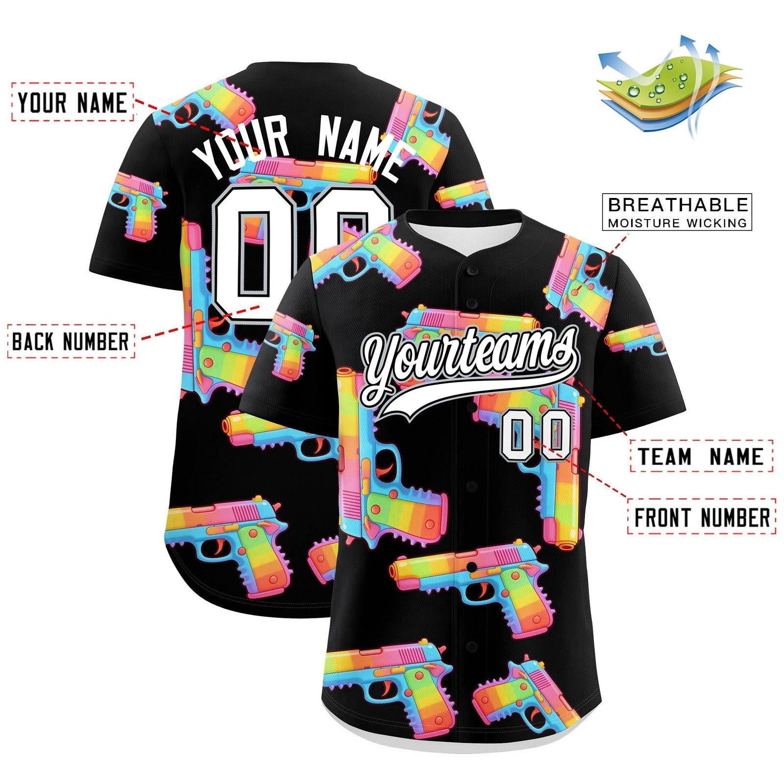 Custom Youth Baseball Jersey Black White Sugar-Coated Firepower Graffiti Pattern Street Style