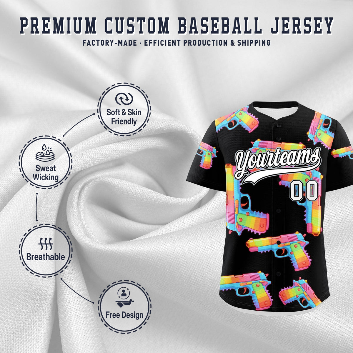 Custom Youth Baseball Jersey Black White Sugar-Coated Firepower Graffiti Pattern Street Style