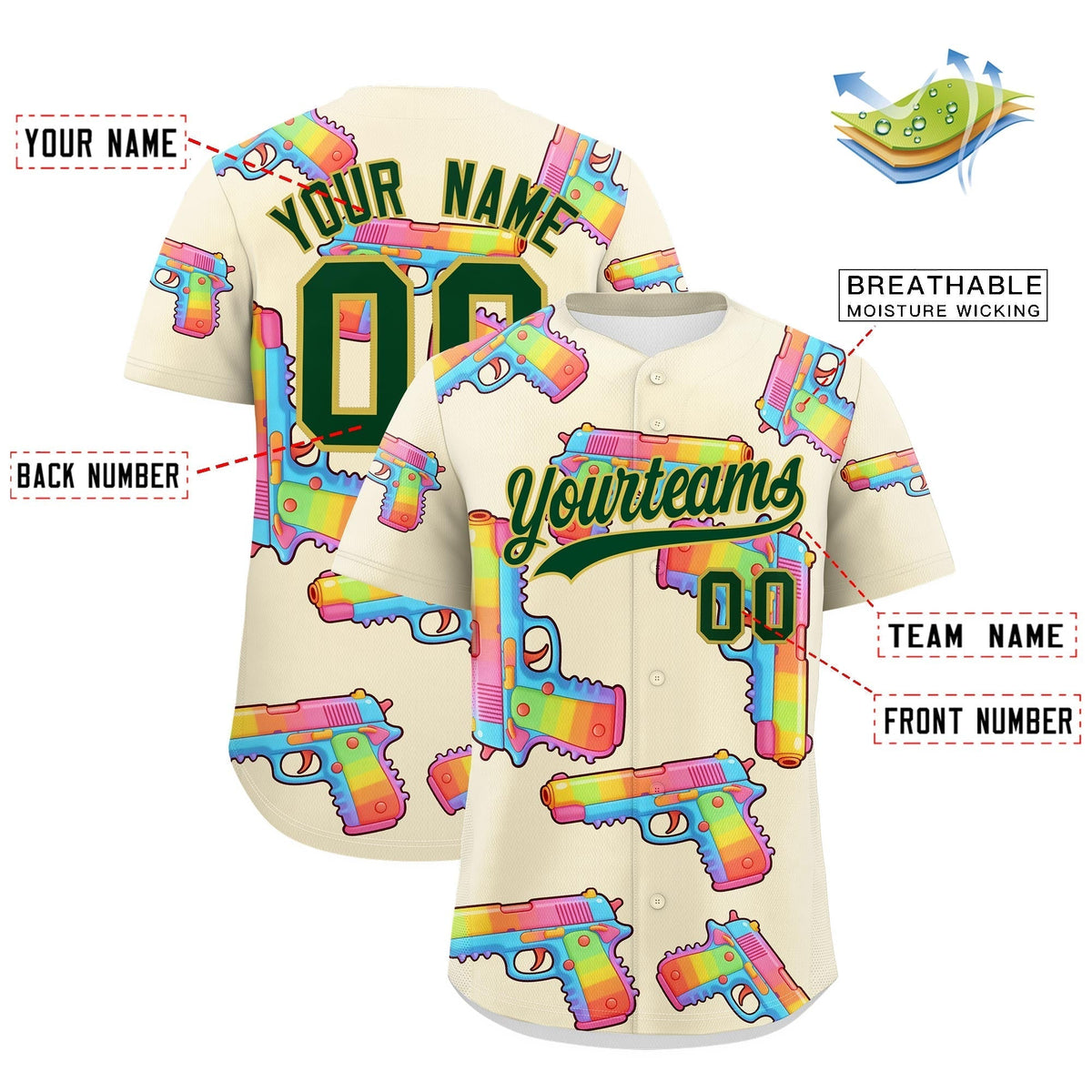 Custom Youth Baseball Jersey Cream Dark Green Sugar-Coated Firepower Graffiti Pattern Urban Fashion