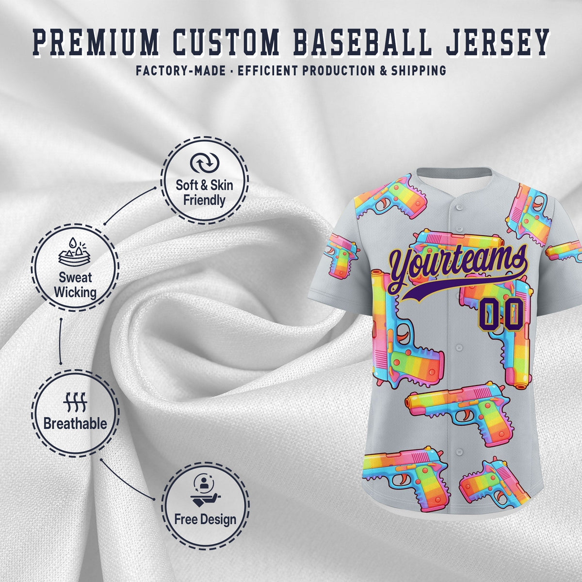 Custom Youth Baseball Jersey Silver Purple Sugar-Coated Firepower Graffiti Pattern Urban Fashion
