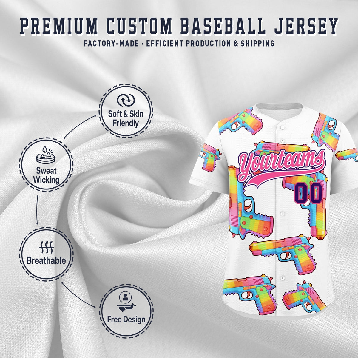 Custom Youth Baseball Jersey White Pink Sugar-Coated Firepower Graffiti Pattern Street Style