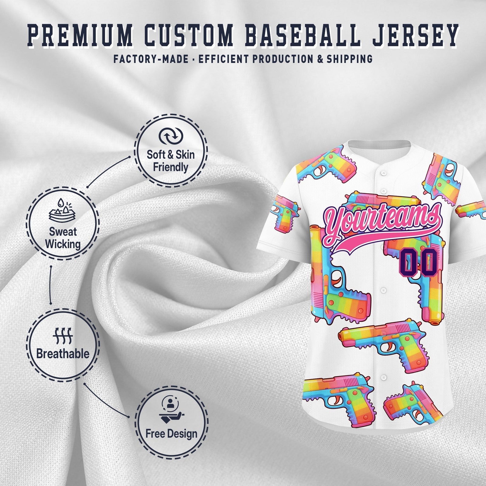 Custom Youth Baseball Jersey White Pink Sugar-Coated Firepower Graffiti Pattern Street Style