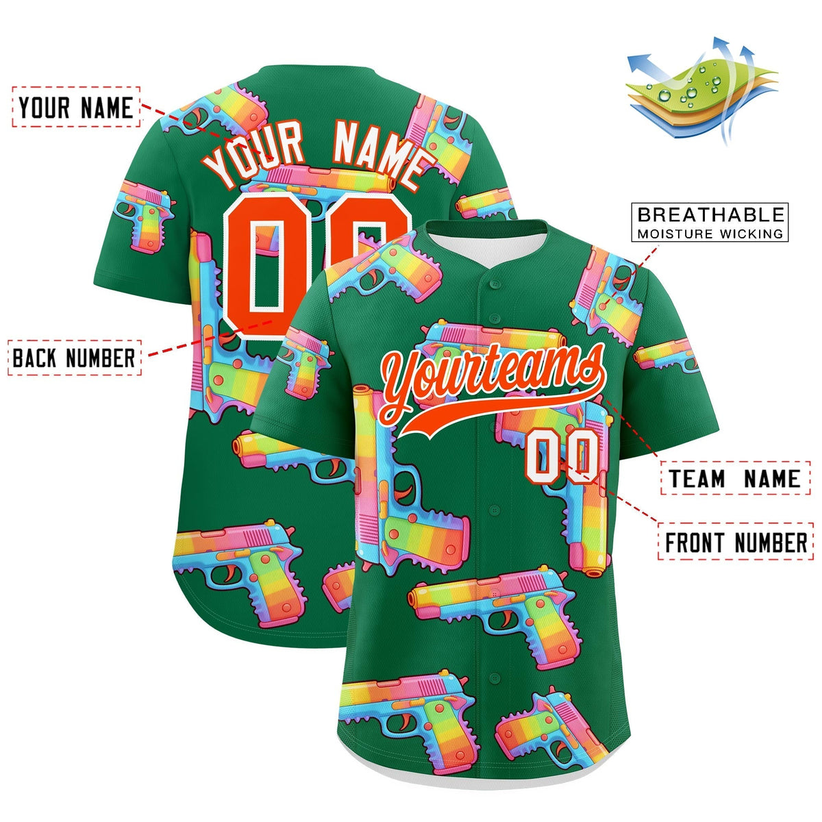 Custom Youth Baseball Jersey Kelly Green Orange Sugar-Coated Firepower Graffiti Pattern Street Style