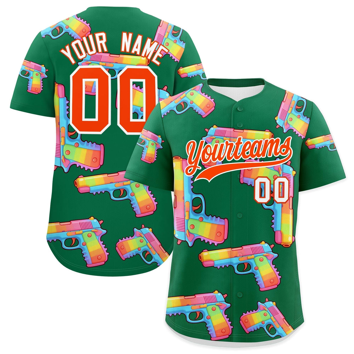 Custom Youth Baseball Jersey Kelly Green Orange Sugar-Coated Firepower Graffiti Pattern Street Style
