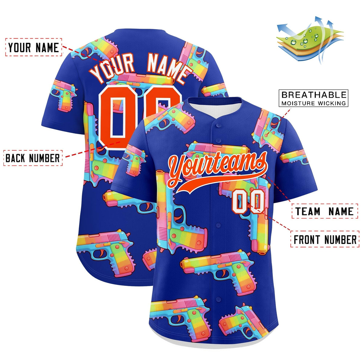 Custom Youth Baseball Jersey Royal Blue Orange Sugar-Coated Firepower Graffiti Pattern Street Style