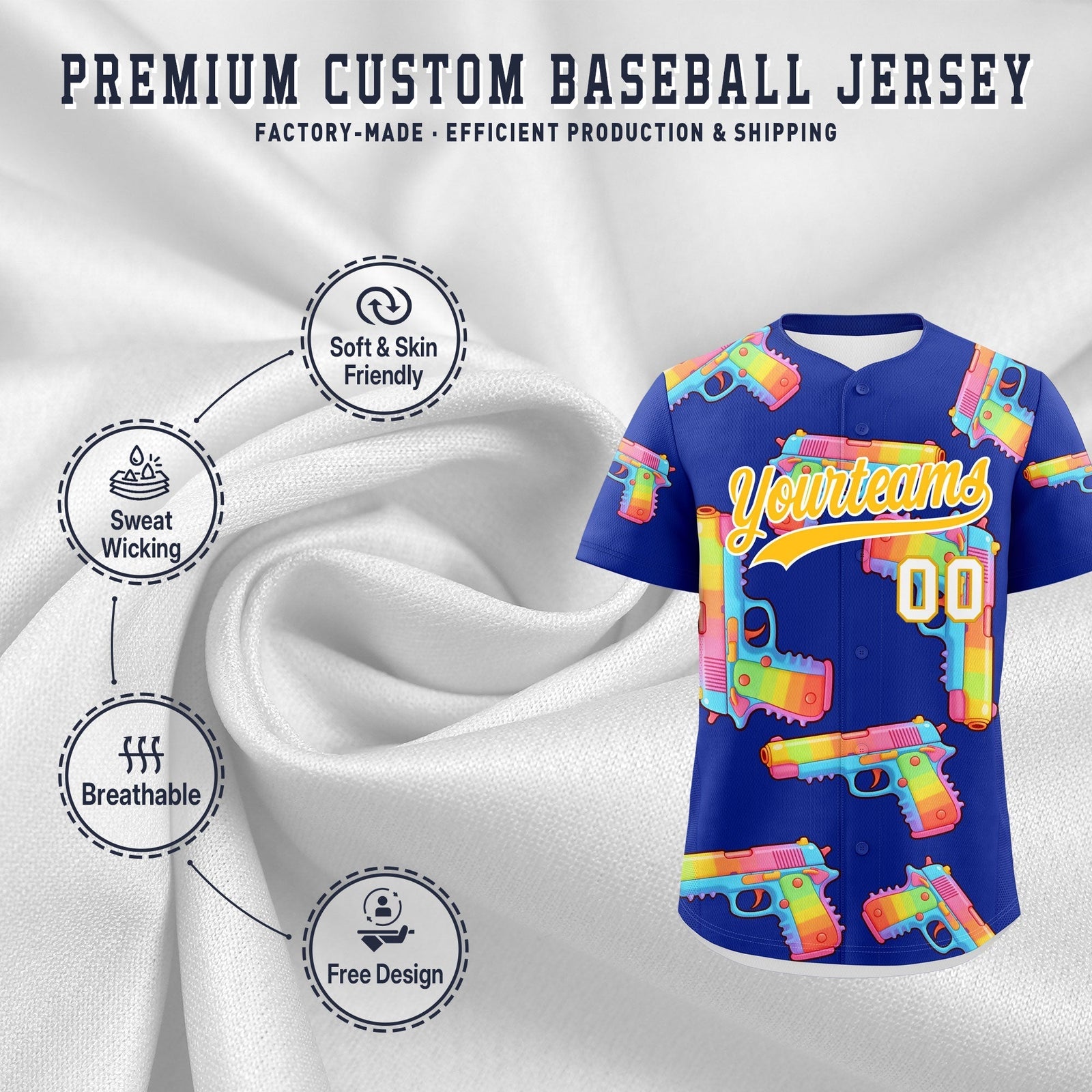 Custom Youth Baseball Jersey Royal Blue Yellow Sugar-Coated Firepower Graffiti Pattern Hip-hop