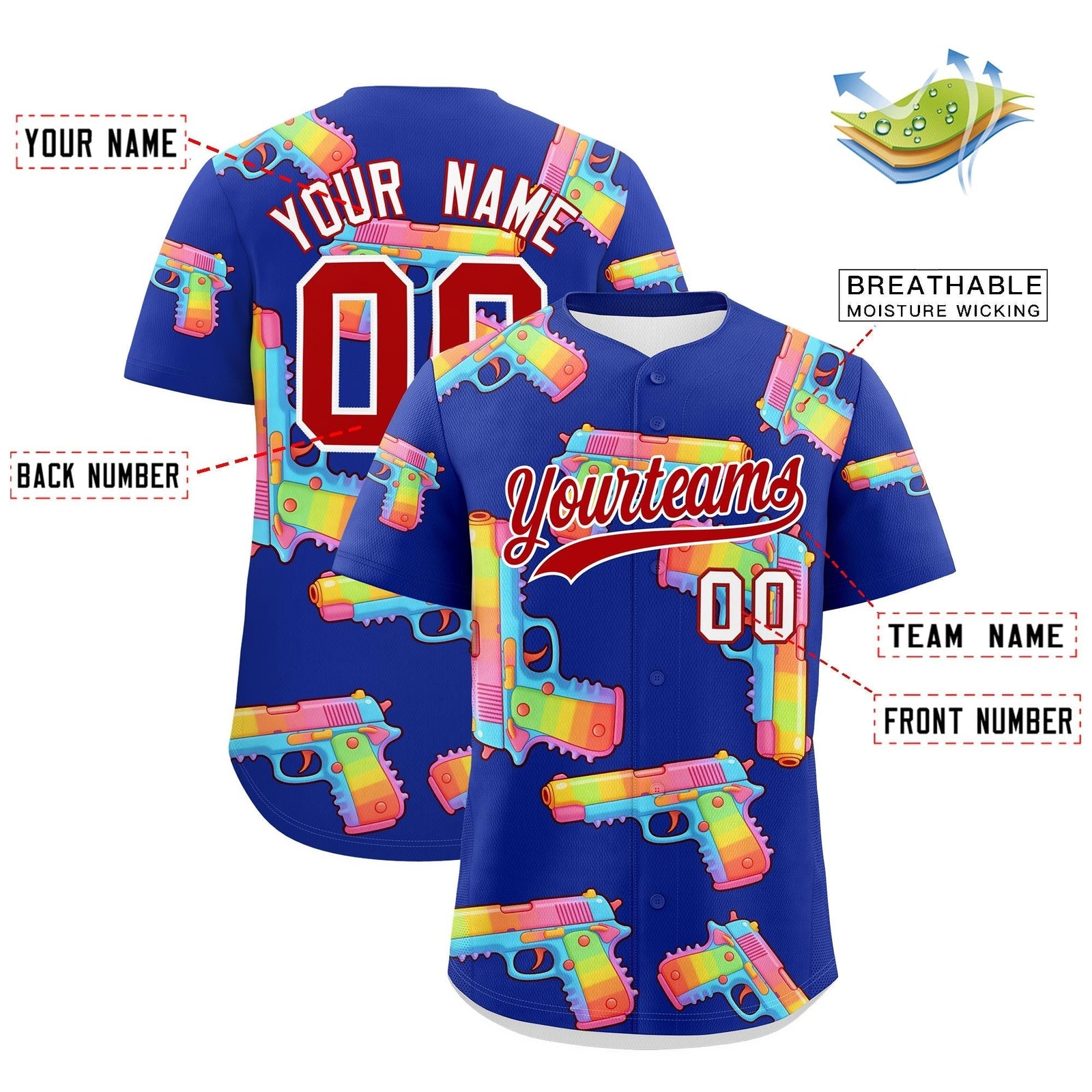 Custom Youth Baseball Jersey Royal Blue Red Sugar-Coated Firepower Graffiti Pattern Urban Fashion