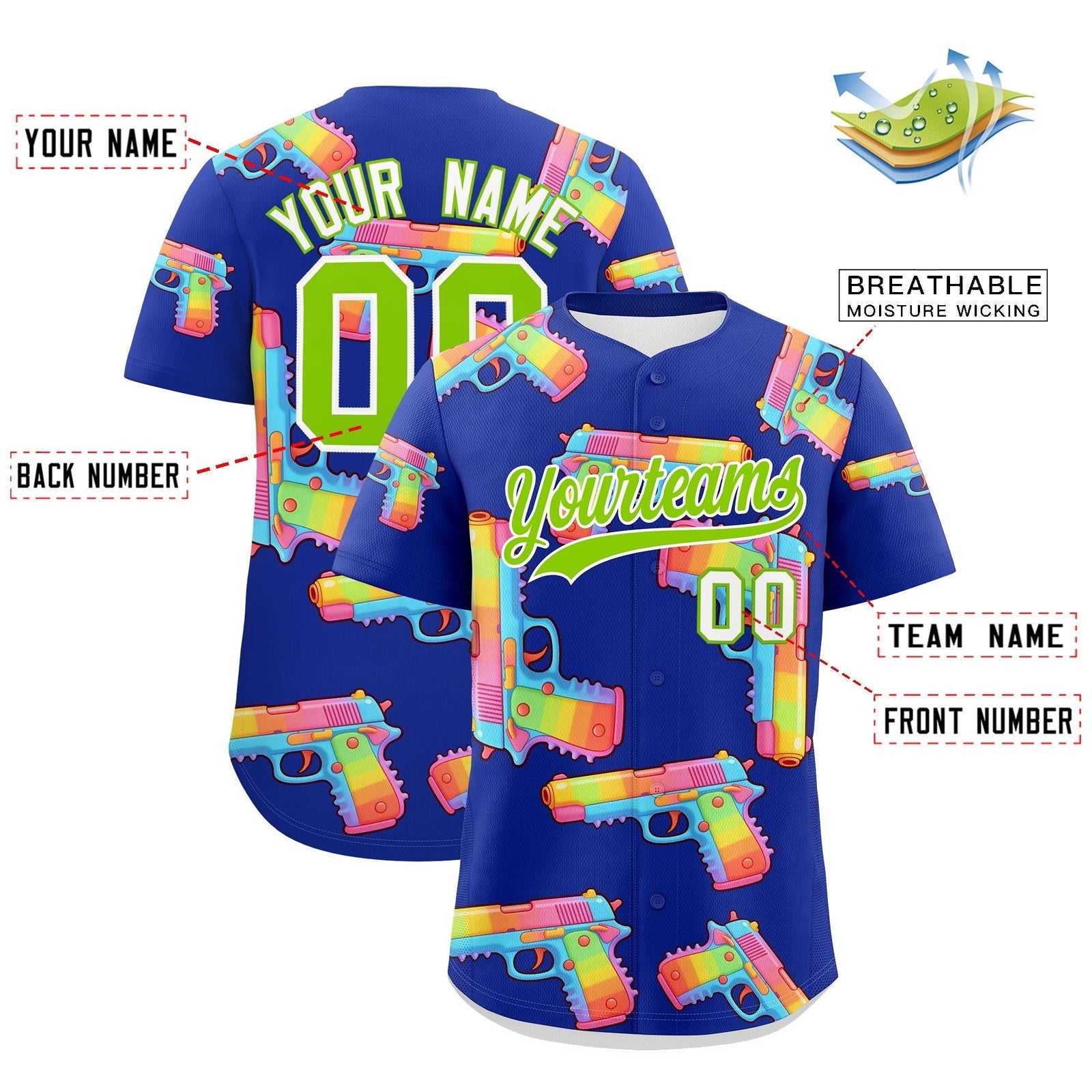 Custom Youth Baseball Jersey Royal Blue Neon Green Sugar-Coated Firepower Graffiti Pattern Hip-hop