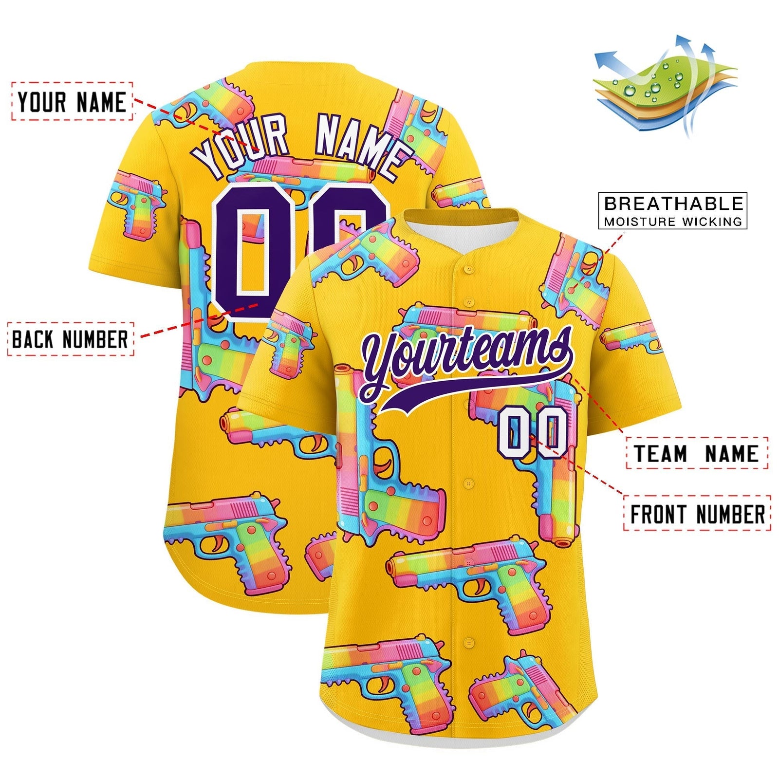 Custom Youth Baseball Jersey Yellow Purple Sugar-Coated Firepower Graffiti Pattern Urban Fashion