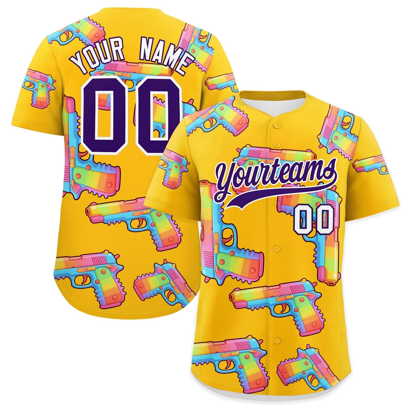 Custom Youth Baseball Jersey Yellow Purple Sugar-Coated Firepower Graffiti Pattern Urban Fashion