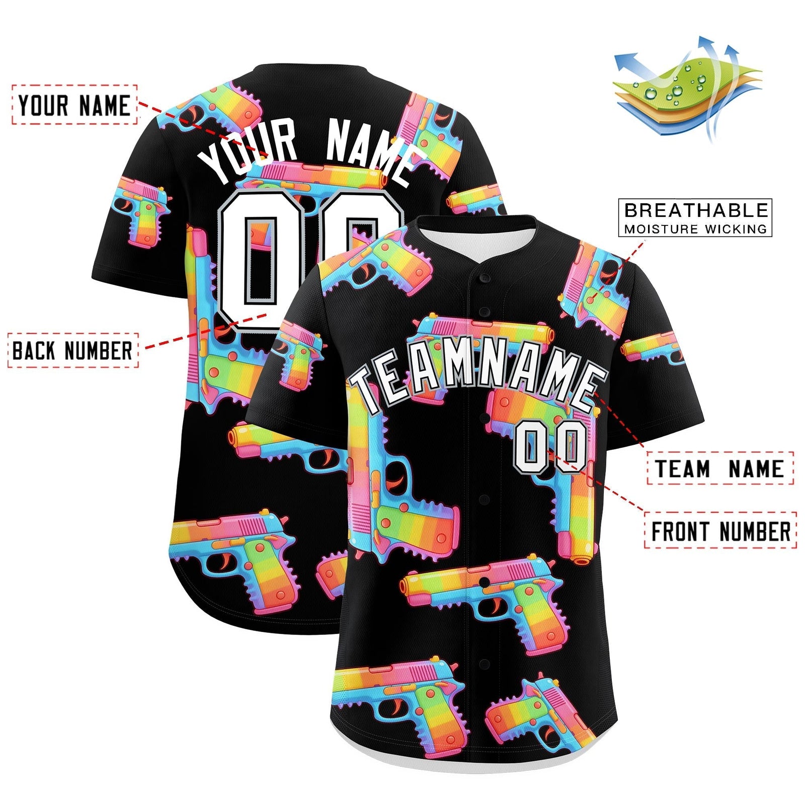 Custom Youth Baseball Jersey Black White Sugar-Coated Firepower Graffiti Pattern Street Style
