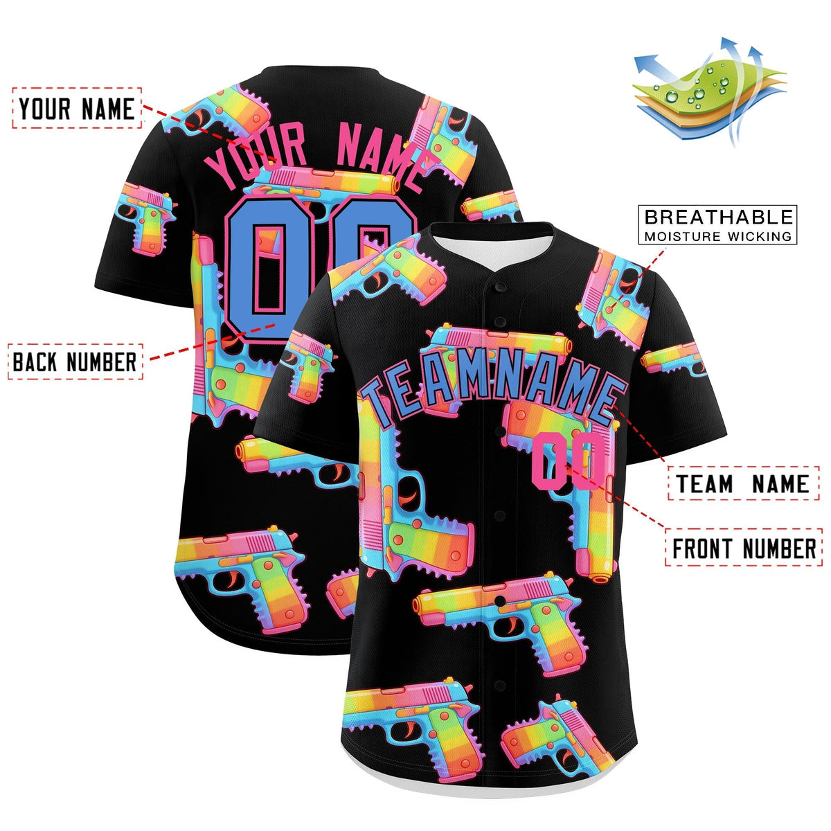 Custom Youth Baseball Jersey Black Powder Blue Sugar-Coated Firepower Graffiti Pattern Hip-hop