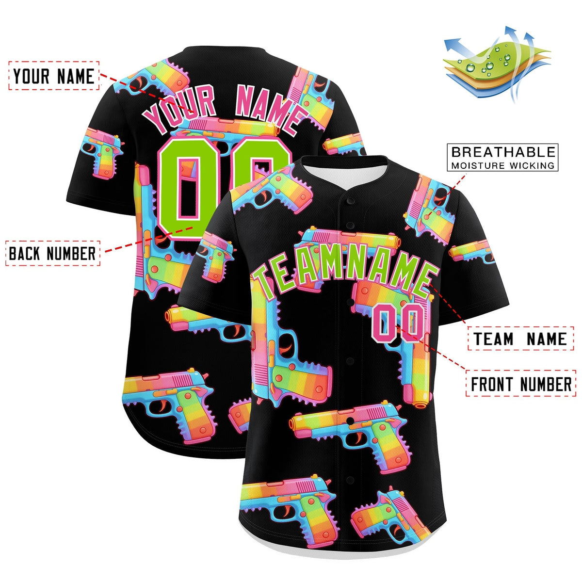 Custom Youth Baseball Jersey Black Neon Green Sugar-Coated Firepower Graffiti Pattern Street Style