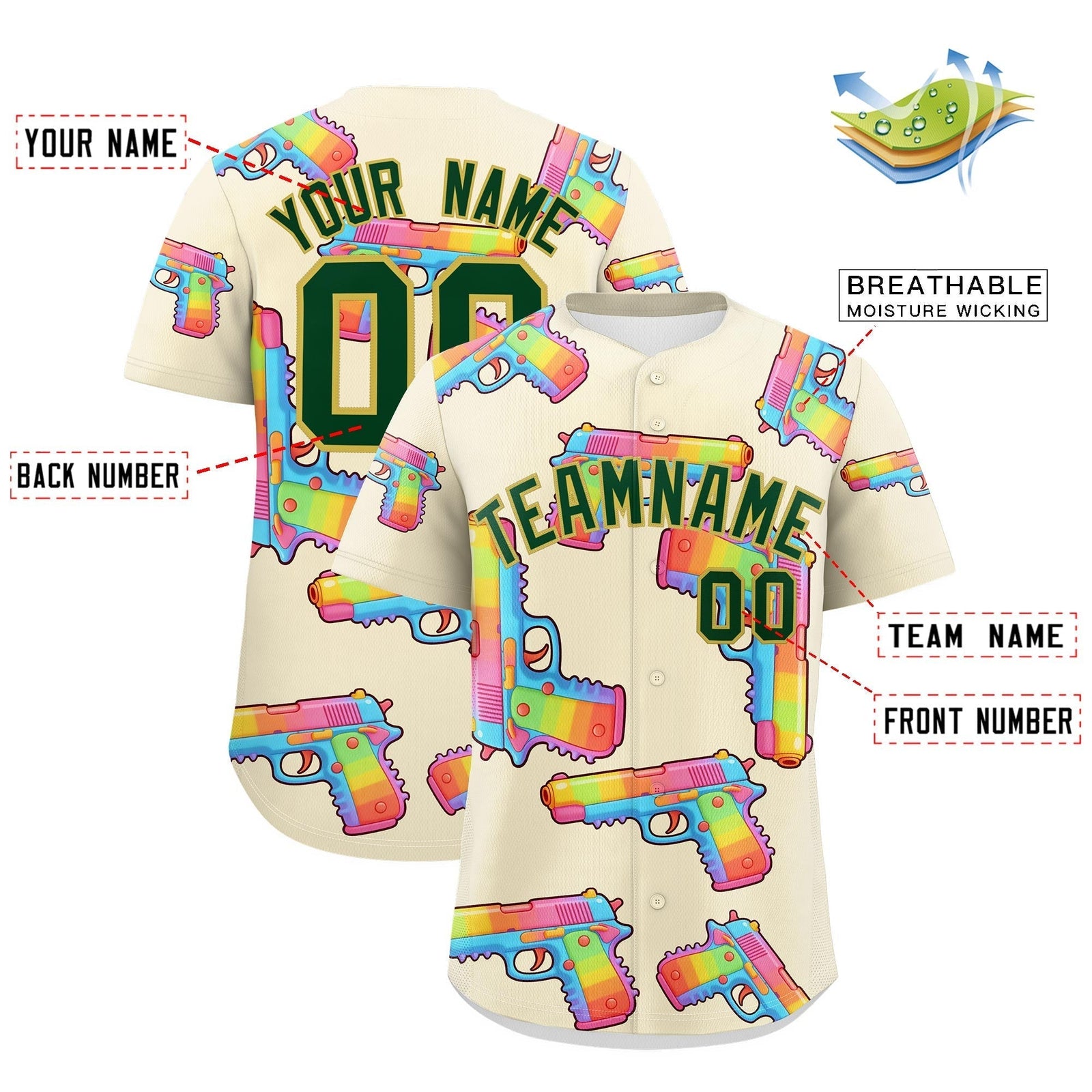 Custom Youth Baseball Jersey Cream Dark Green Sugar-Coated Firepower Graffiti Pattern Urban Fashion