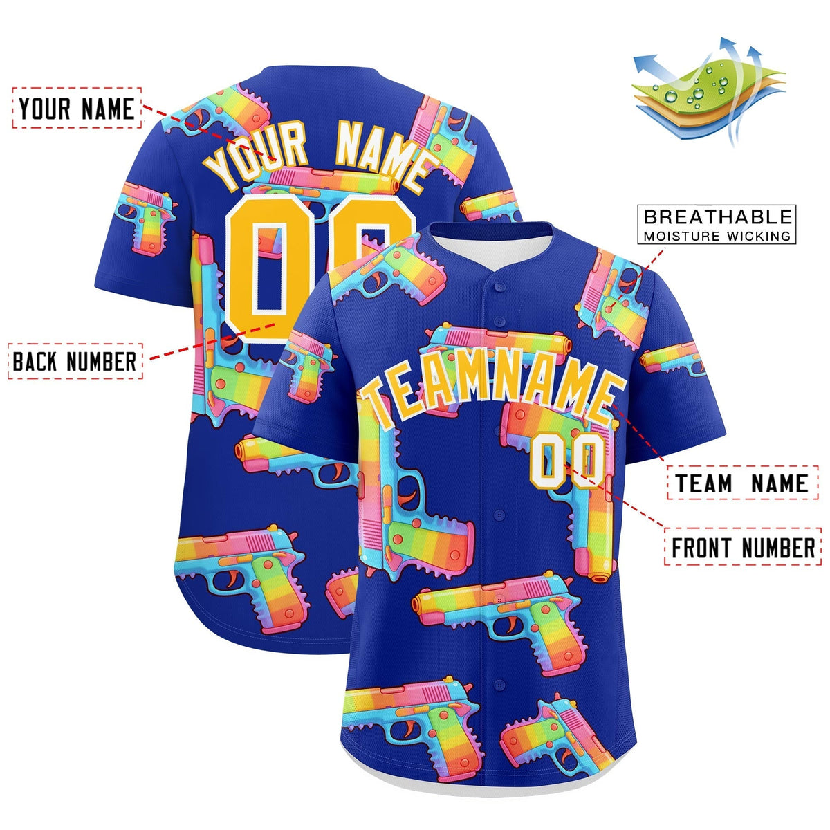 Custom Youth Baseball Jersey Royal Blue Yellow Sugar-Coated Firepower Graffiti Pattern Hip-hop