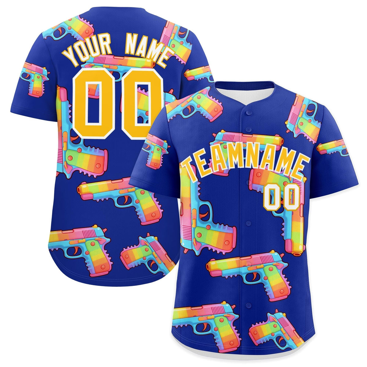 Custom Youth Baseball Jersey Royal Blue Yellow Sugar-Coated Firepower Graffiti Pattern Hip-hop