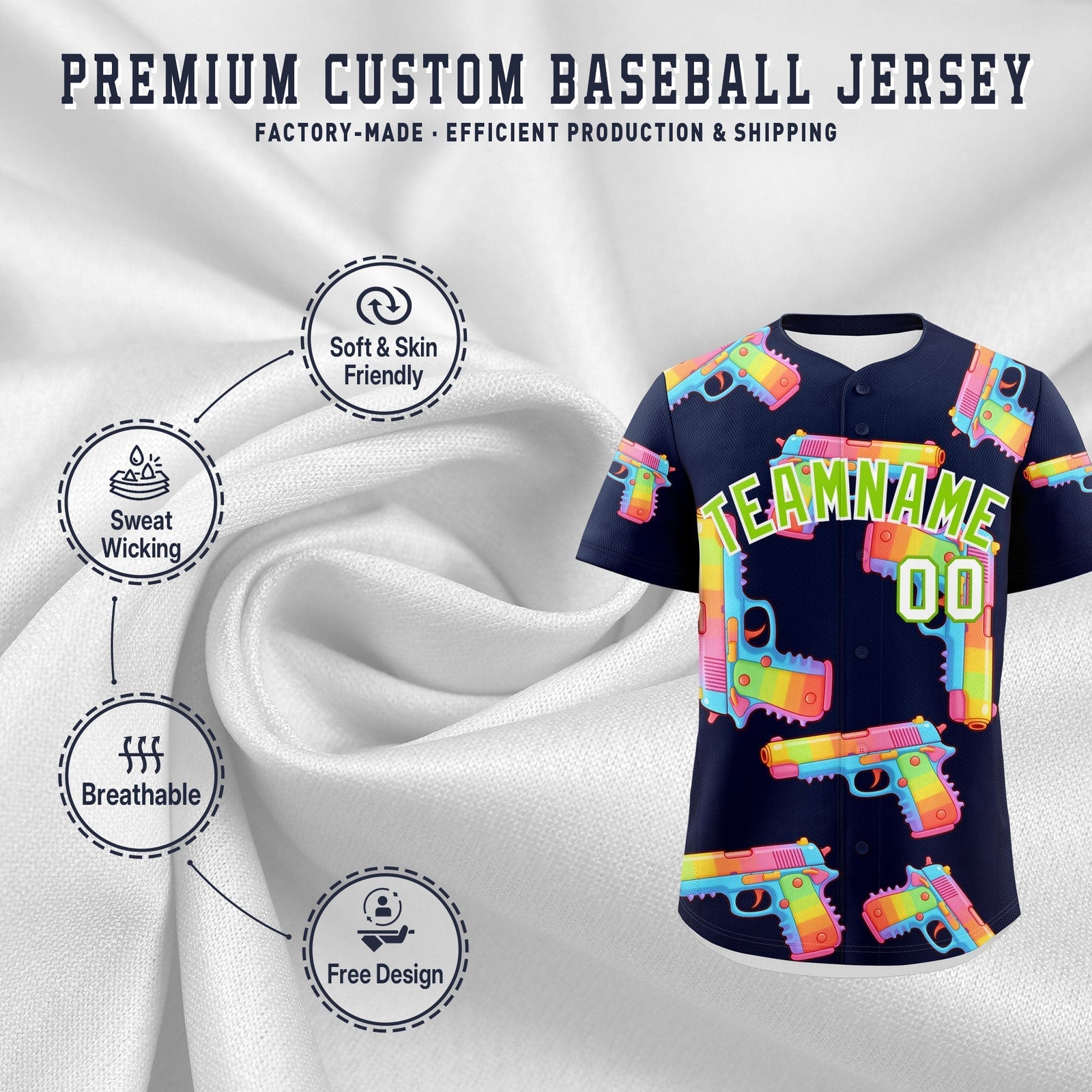 Custom Youth Baseball Jersey Navy Neon Green Sugar-Coated Firepower Graffiti Pattern Street Style