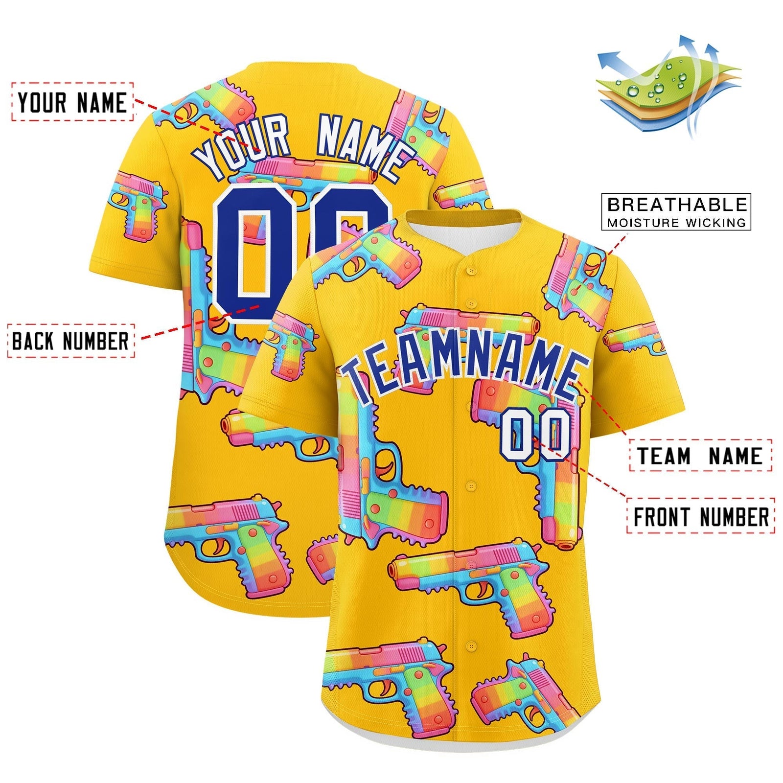 Custom Youth Baseball Jersey Yellow Royal Blue Sugar-Coated Firepower Graffiti Pattern Street Style