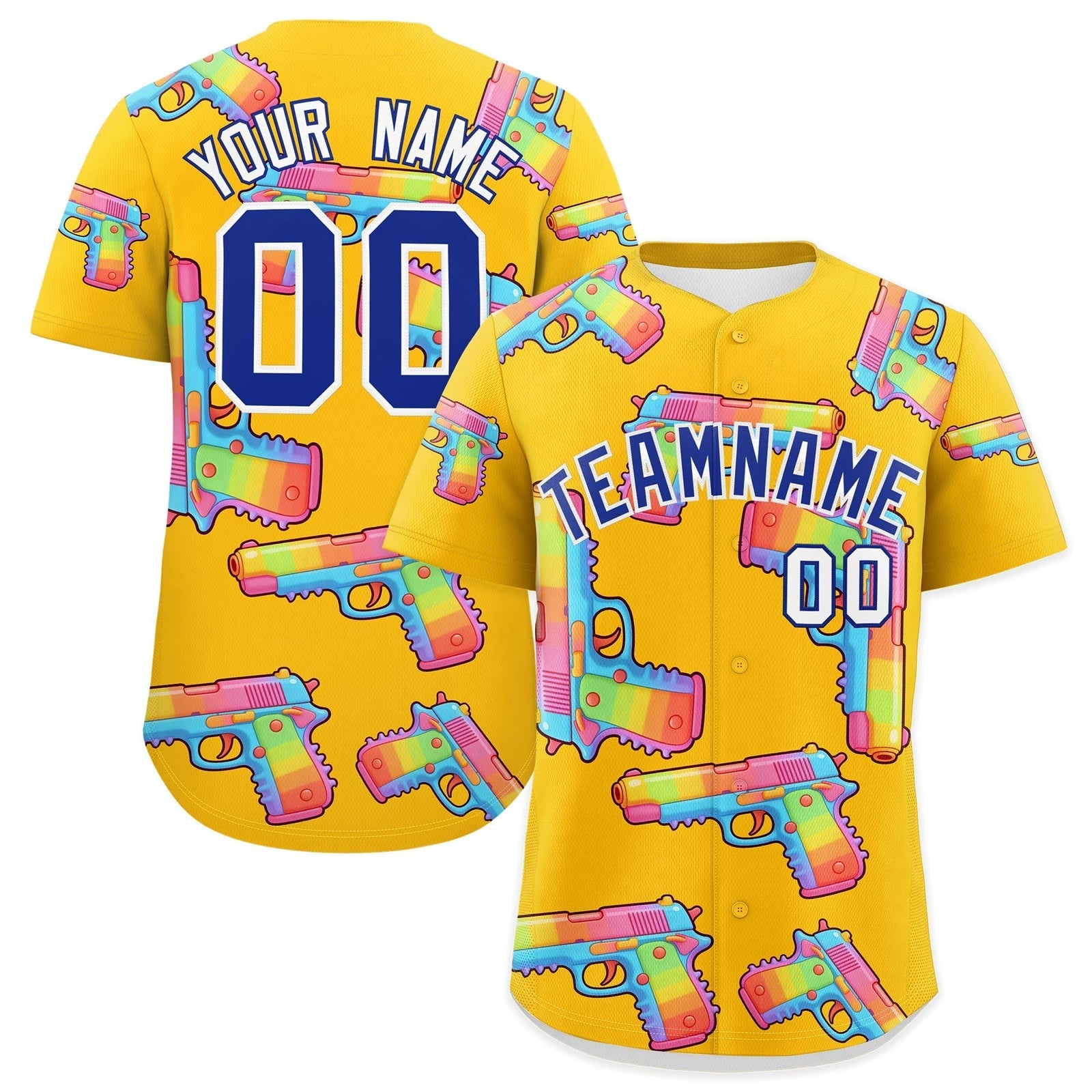 Custom Youth Baseball Jersey Yellow Royal Blue Sugar-Coated Firepower Graffiti Pattern Street Style