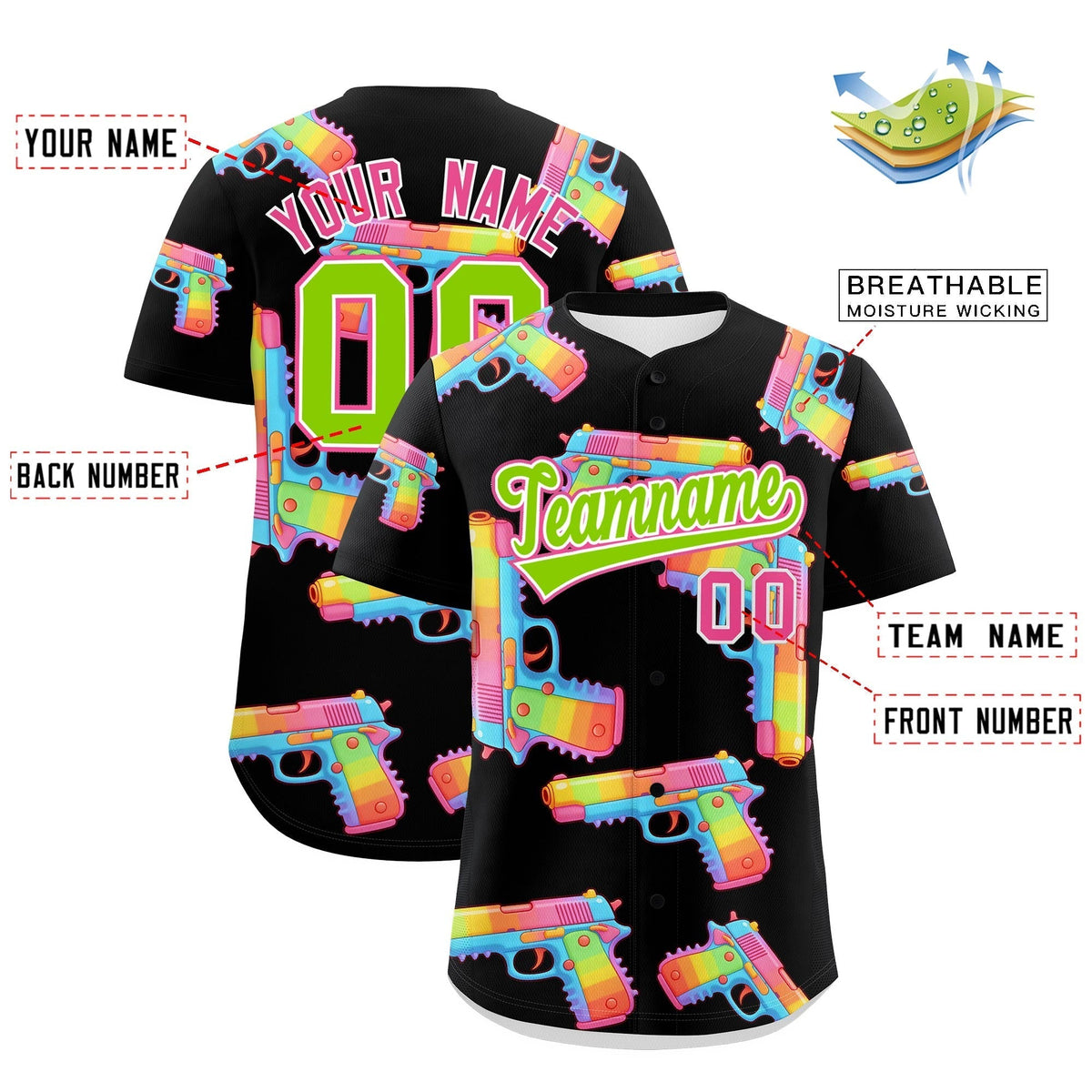 Custom Youth Baseball Jersey Black Neon Green Sugar-Coated Firepower Graffiti Pattern Street Style