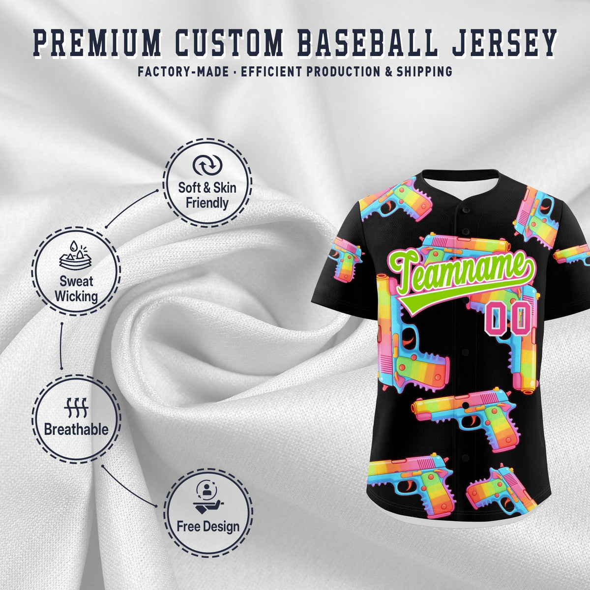Custom Youth Baseball Jersey Black Neon Green Sugar-Coated Firepower Graffiti Pattern Street Style