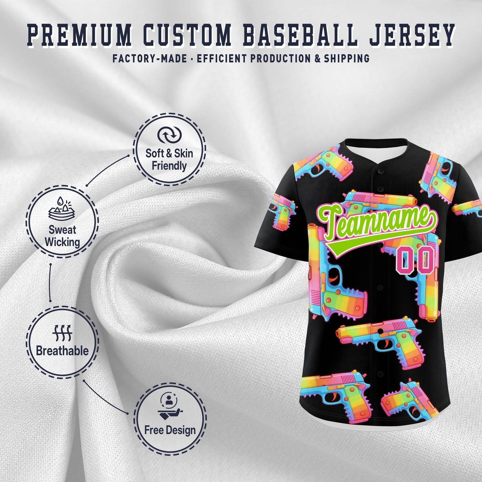 Custom Youth Baseball Jersey Black Neon Green Sugar-Coated Firepower Graffiti Pattern Street Style