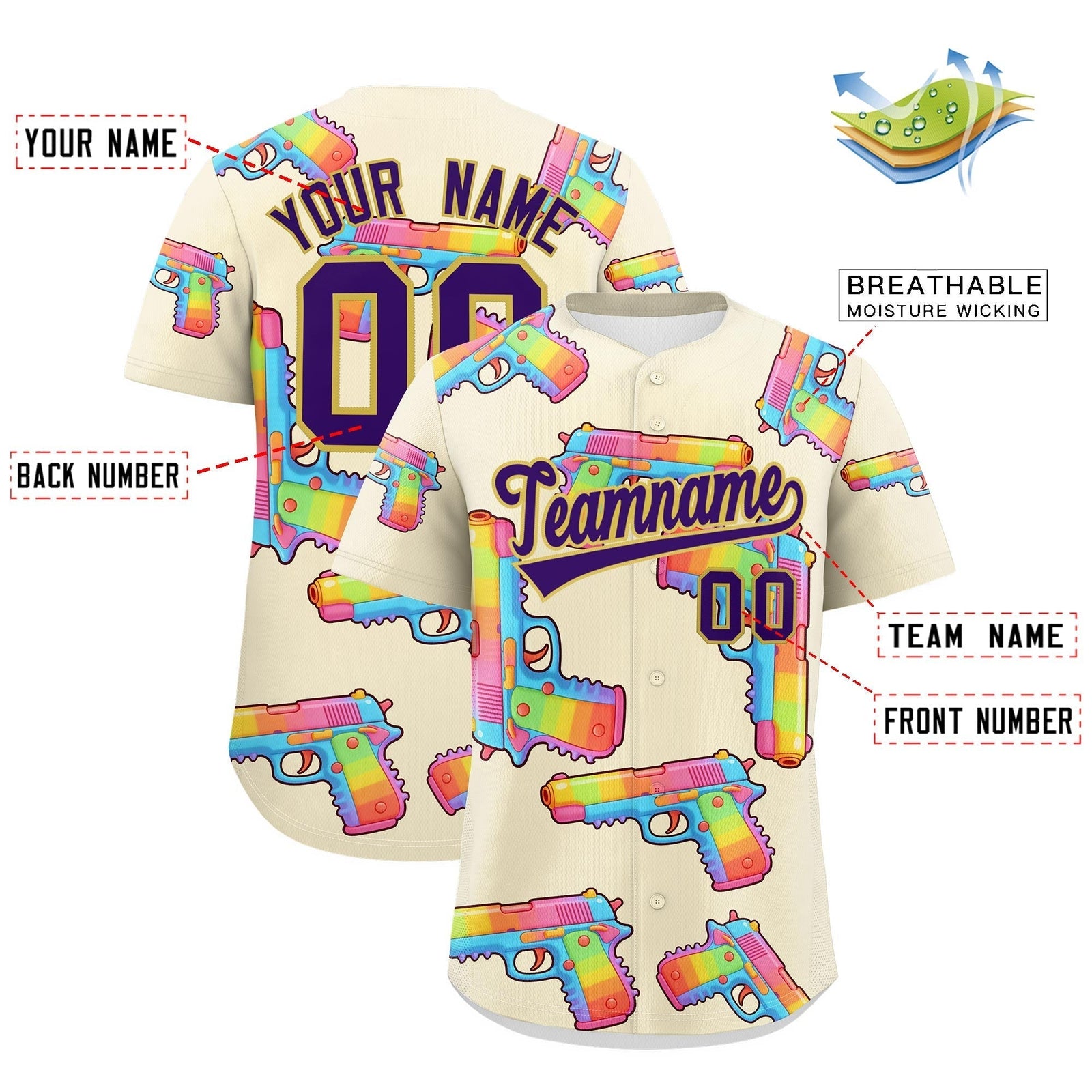 Custom Youth Baseball Jersey Cream Purple Sugar-Coated Firepower Graffiti Pattern Street Style