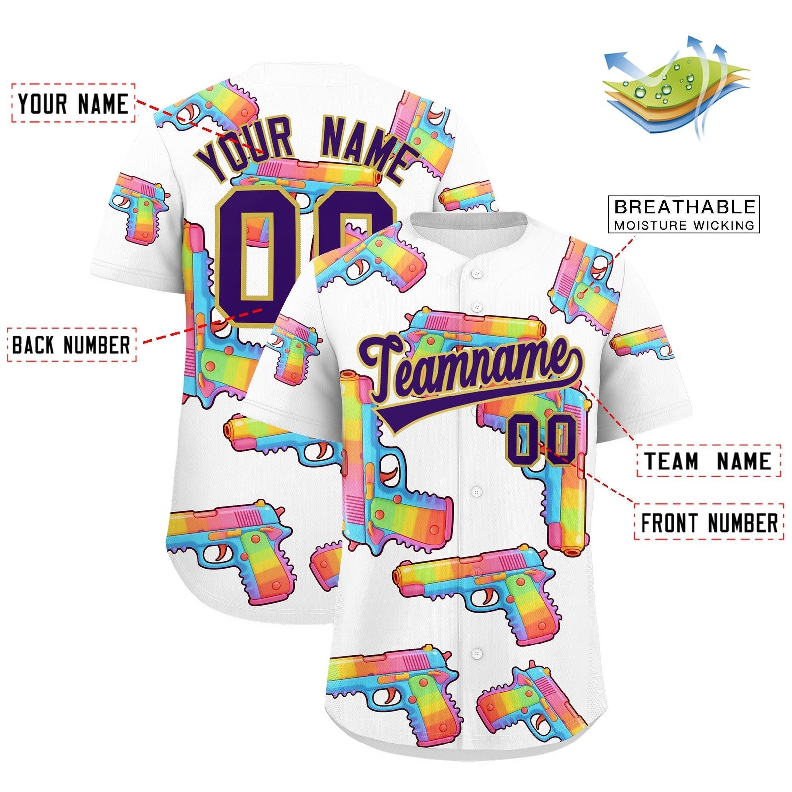 Custom Youth Baseball Jersey White Purple Sugar-Coated Firepower Graffiti Pattern Street Style