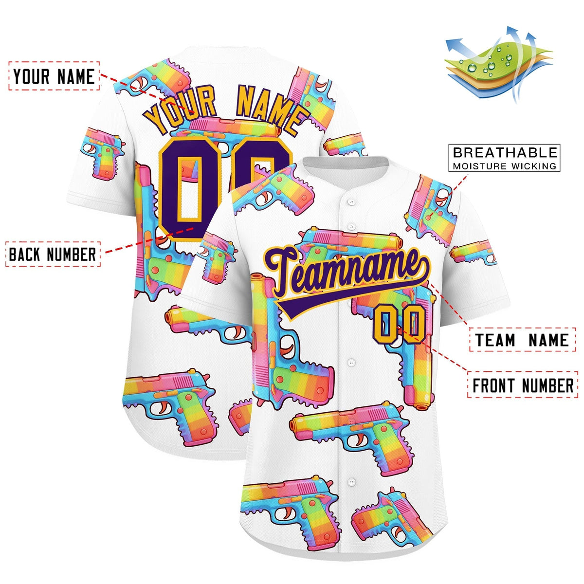 Custom Youth Baseball Jersey White Purple Sugar-Coated Firepower Graffiti Pattern Hip-hop