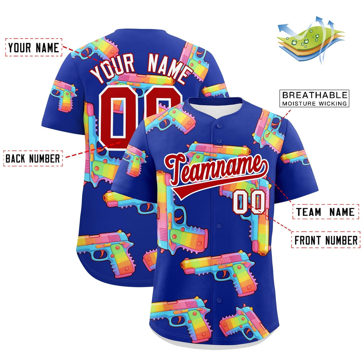 Custom Youth Baseball Jersey Royal Blue Red Sugar-Coated Firepower Graffiti Pattern Urban Fashion