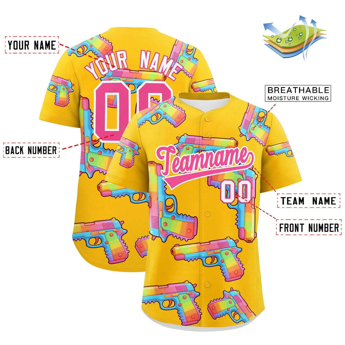 Custom Youth Baseball Jersey Yellow Pink Sugar-Coated Firepower Graffiti Pattern Hip-hop