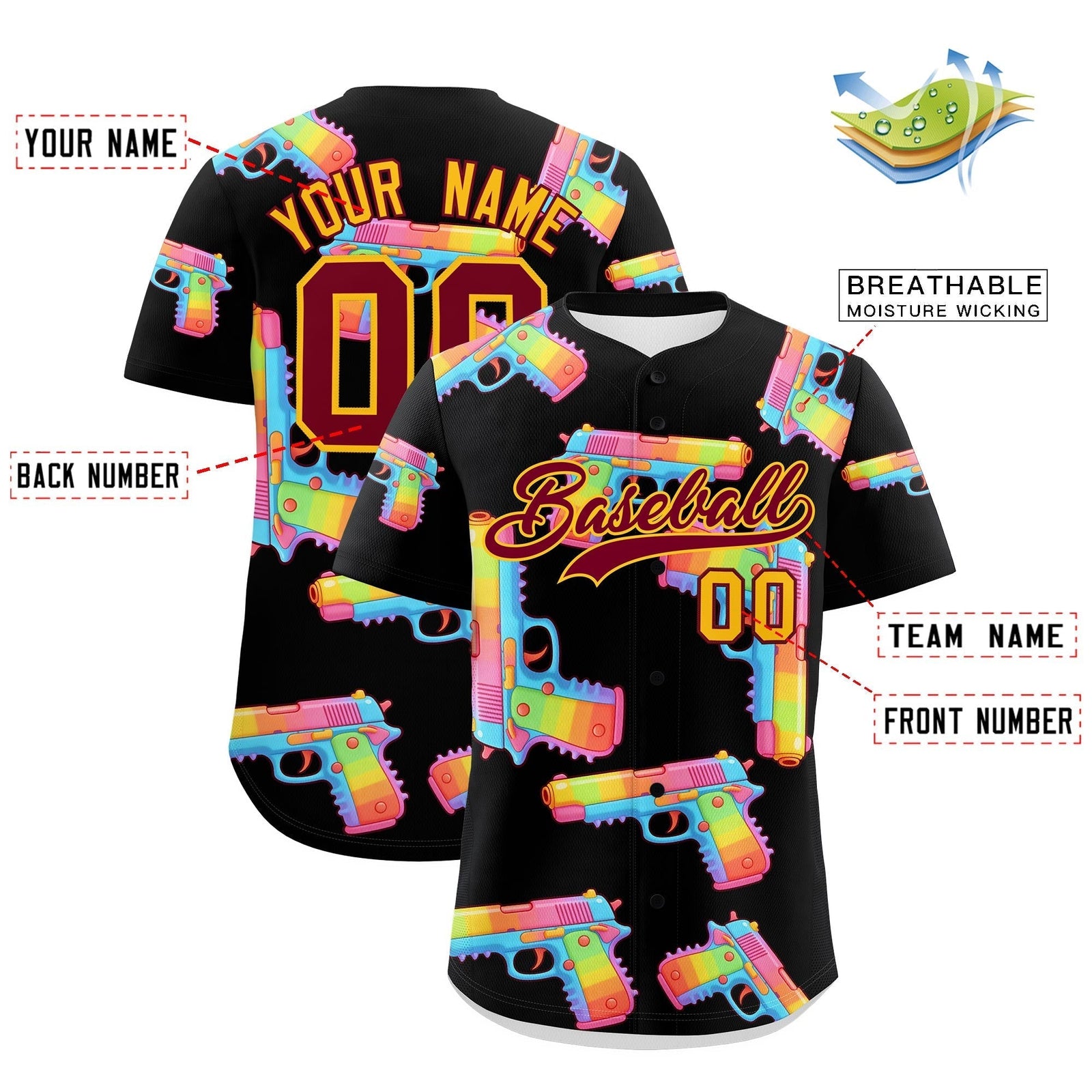 Custom Youth Baseball Jersey Black Crimson Sugar-Coated Firepower Graffiti Pattern Urban Fashion