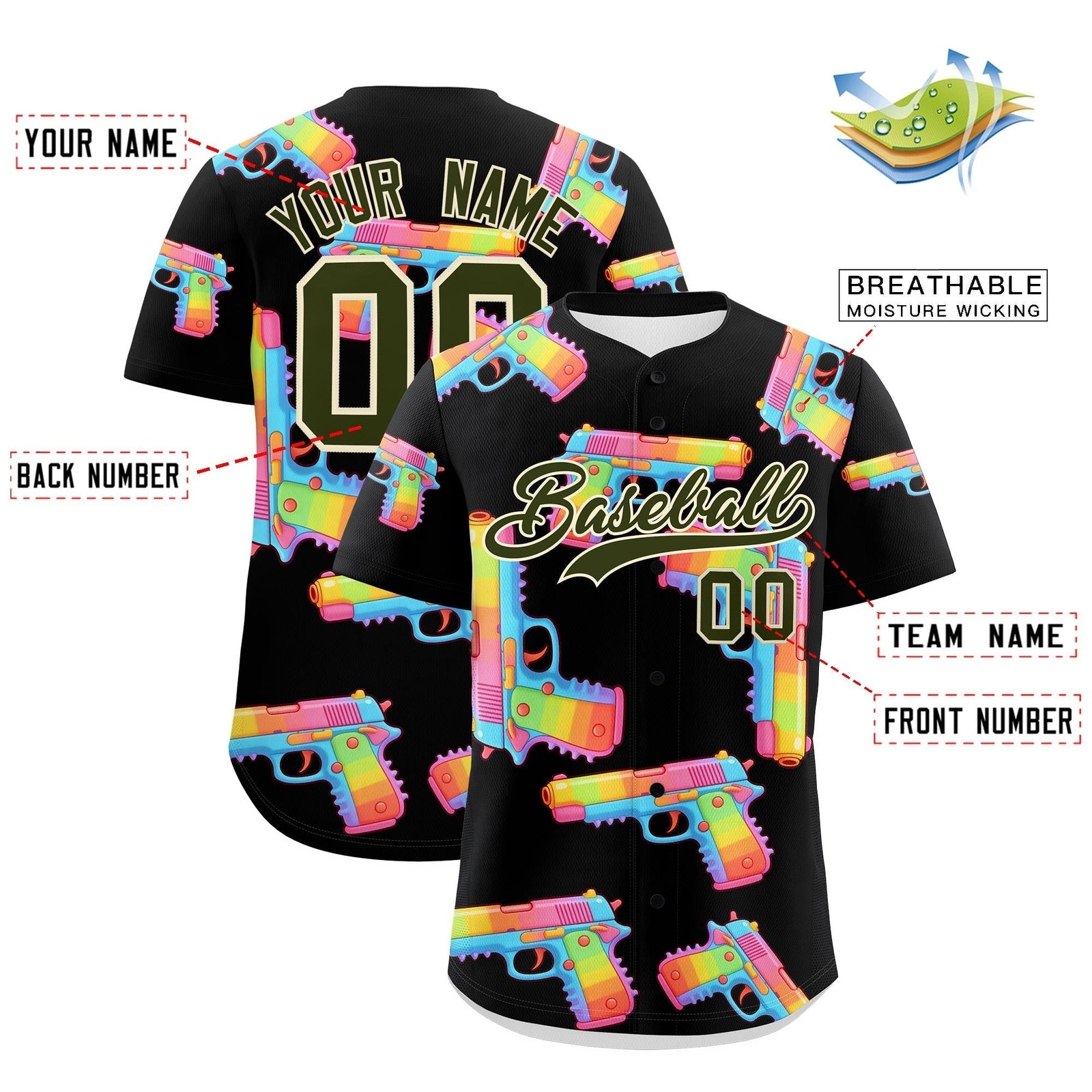 Custom Youth Baseball Jersey Black Olive Sugar-Coated Firepower Graffiti Pattern Urban Fashion