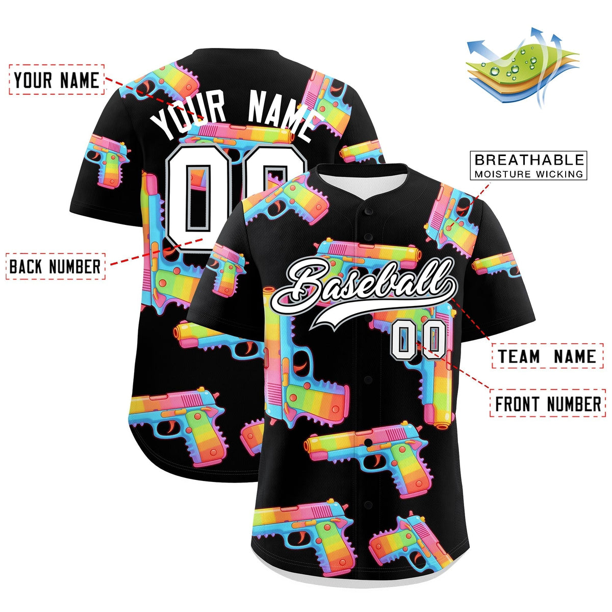 Custom Youth Baseball Jersey Black White Sugar-Coated Firepower Graffiti Pattern Street Style