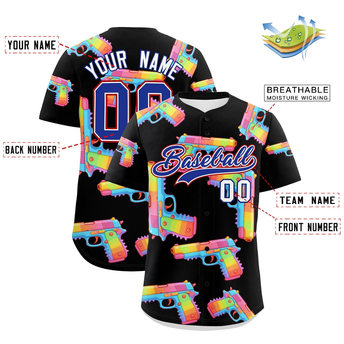 Custom Youth Baseball Jersey Black Royal Blue Sugar-Coated Firepower Graffiti Pattern Street Style