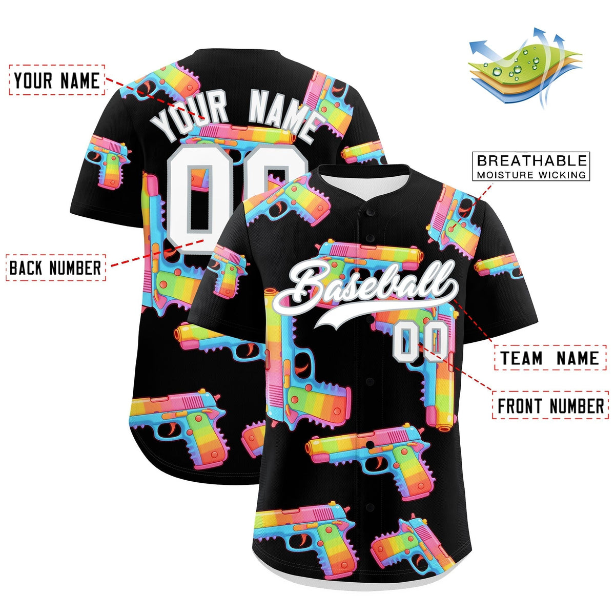 Custom Youth Baseball Jersey Black White Sugar-Coated Firepower Graffiti Pattern Hip-hop