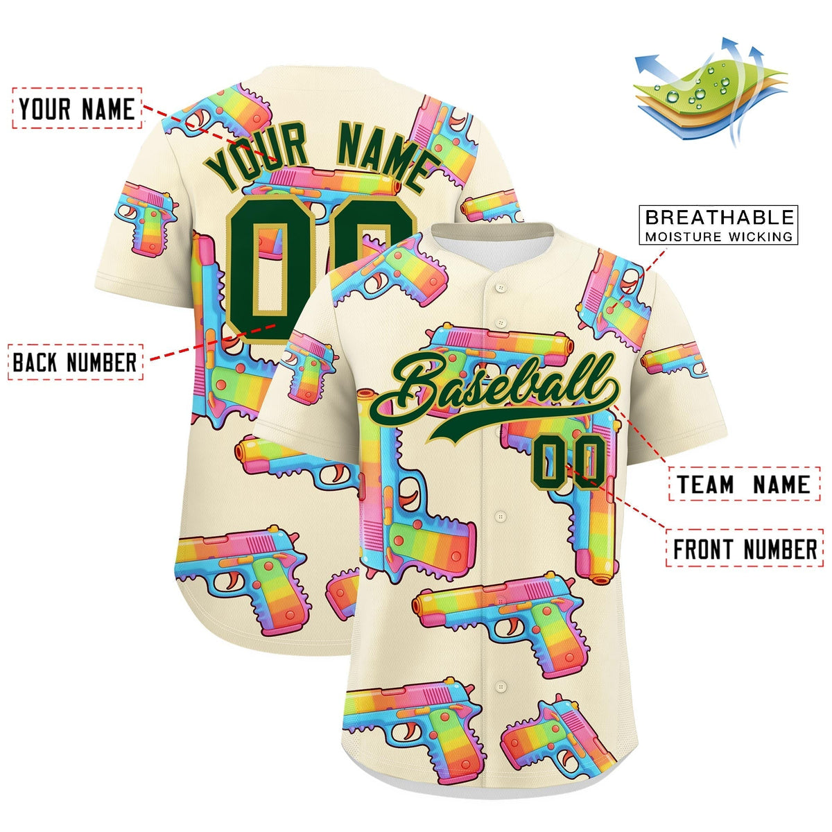 Custom Youth Baseball Jersey Cream Dark Green Sugar-Coated Firepower Graffiti Pattern Urban Fashion