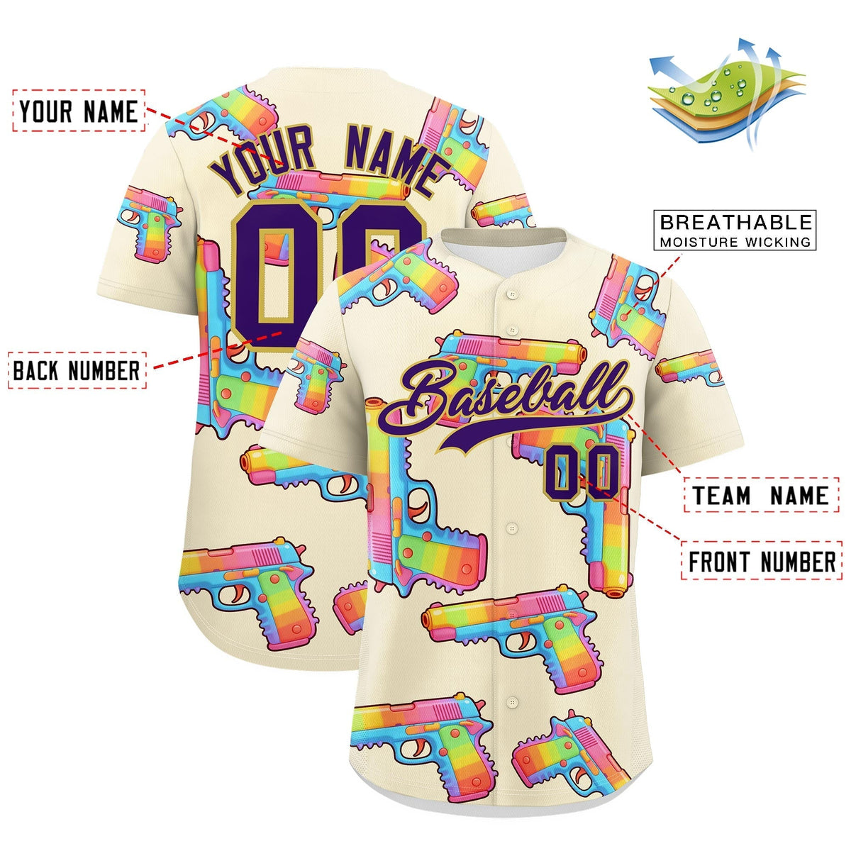 Custom Youth Baseball Jersey Cream Purple Sugar-Coated Firepower Graffiti Pattern Street Style