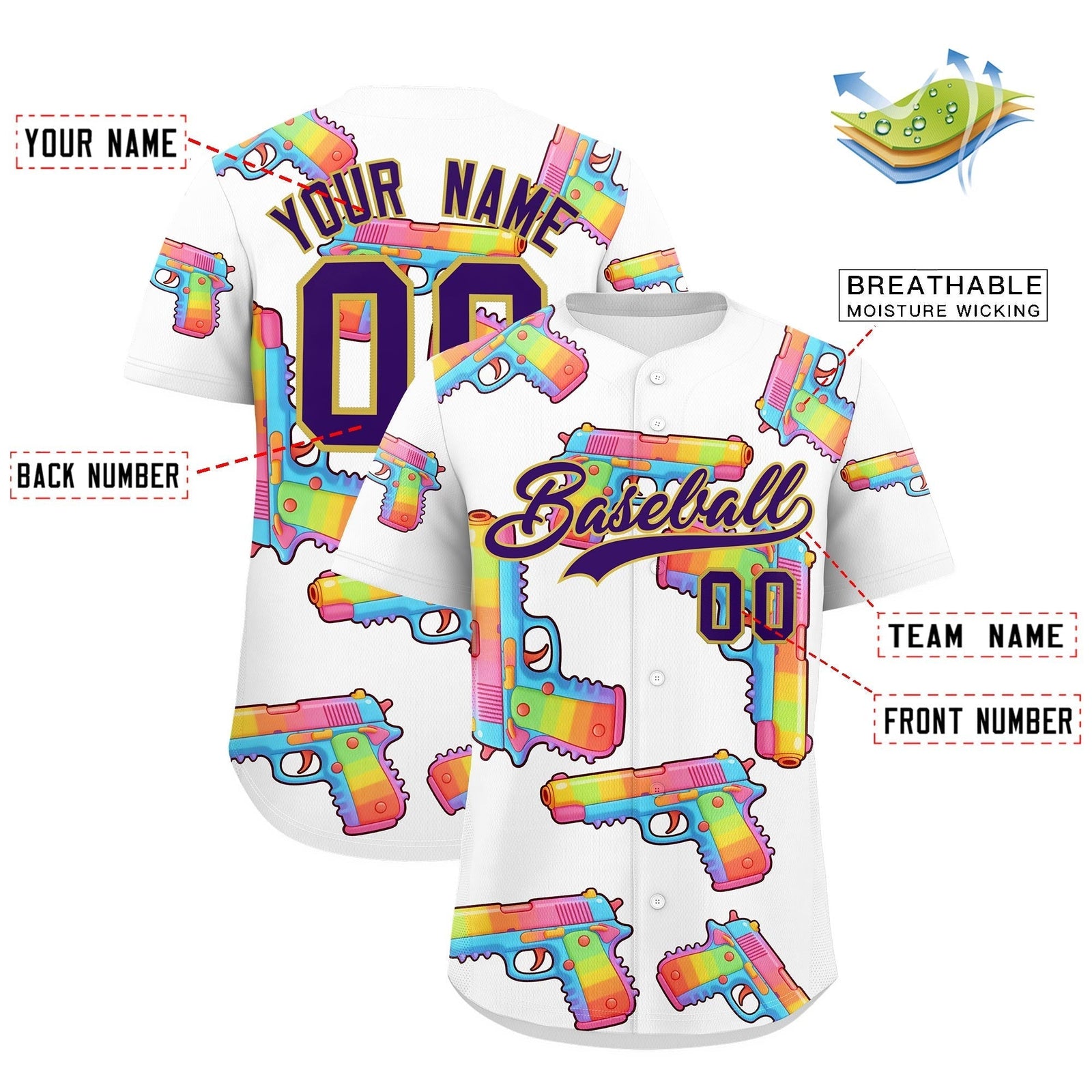Custom Youth Baseball Jersey White Purple Sugar-Coated Firepower Graffiti Pattern Street Style