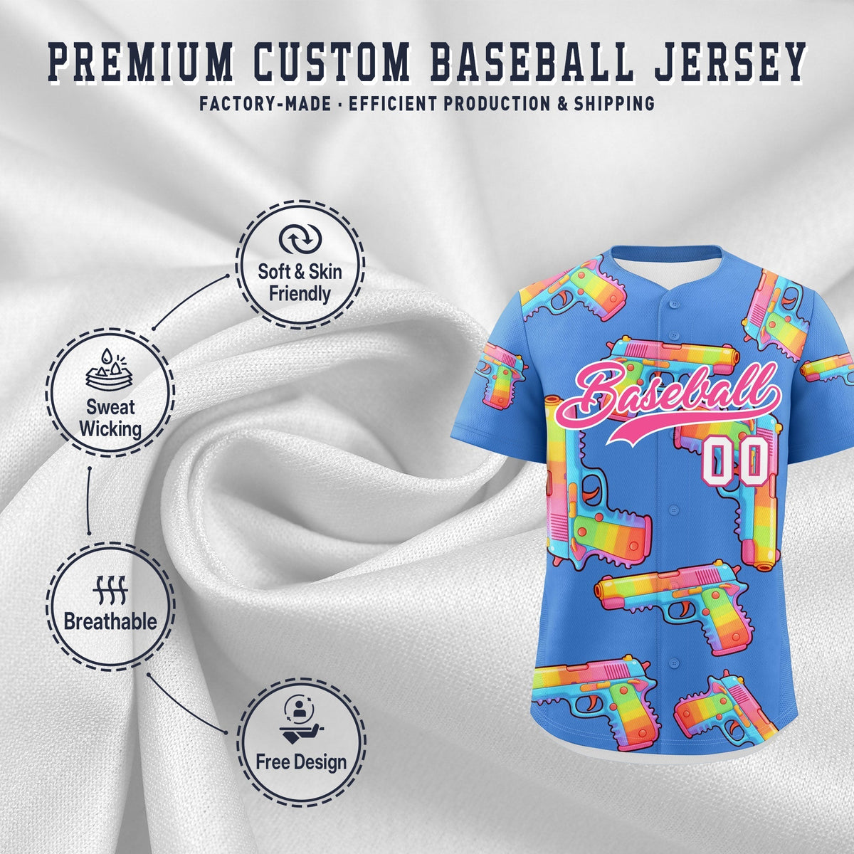 Custom Youth Baseball Jersey Powder Blue Pink Sugar-Coated Firepower Graffiti Pattern Urban Fashion