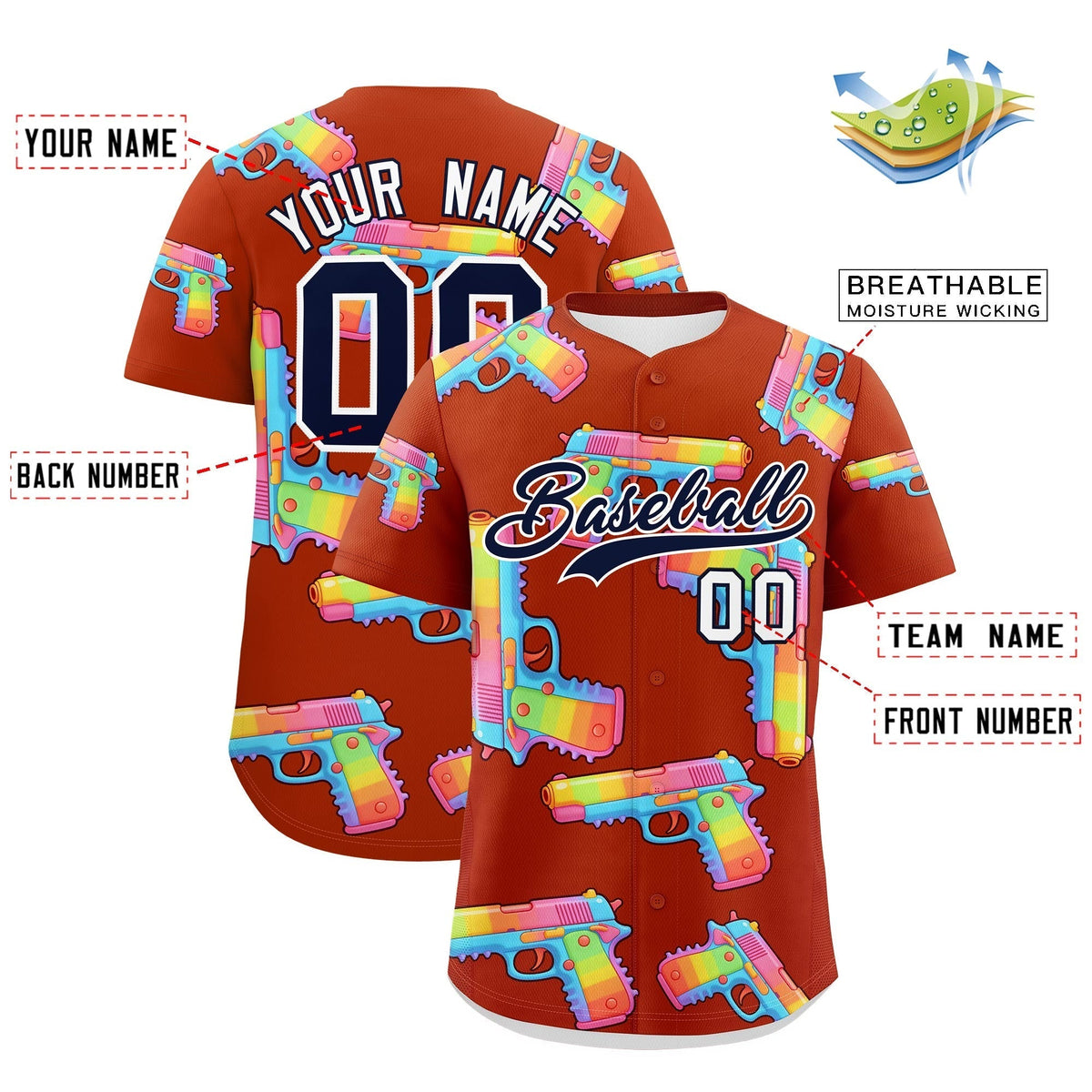 Custom Youth Baseball Jersey Dark Orange Navy Sugar-Coated Firepower Graffiti Pattern Street Style
