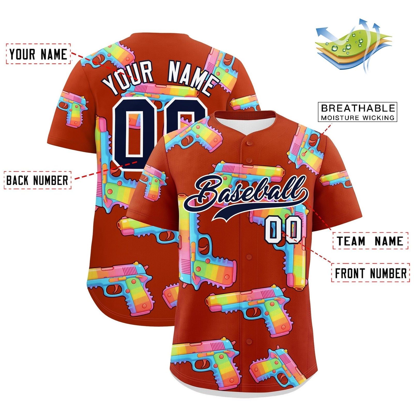 Custom Youth Baseball Jersey Dark Orange Navy Sugar-Coated Firepower Graffiti Pattern Street Style