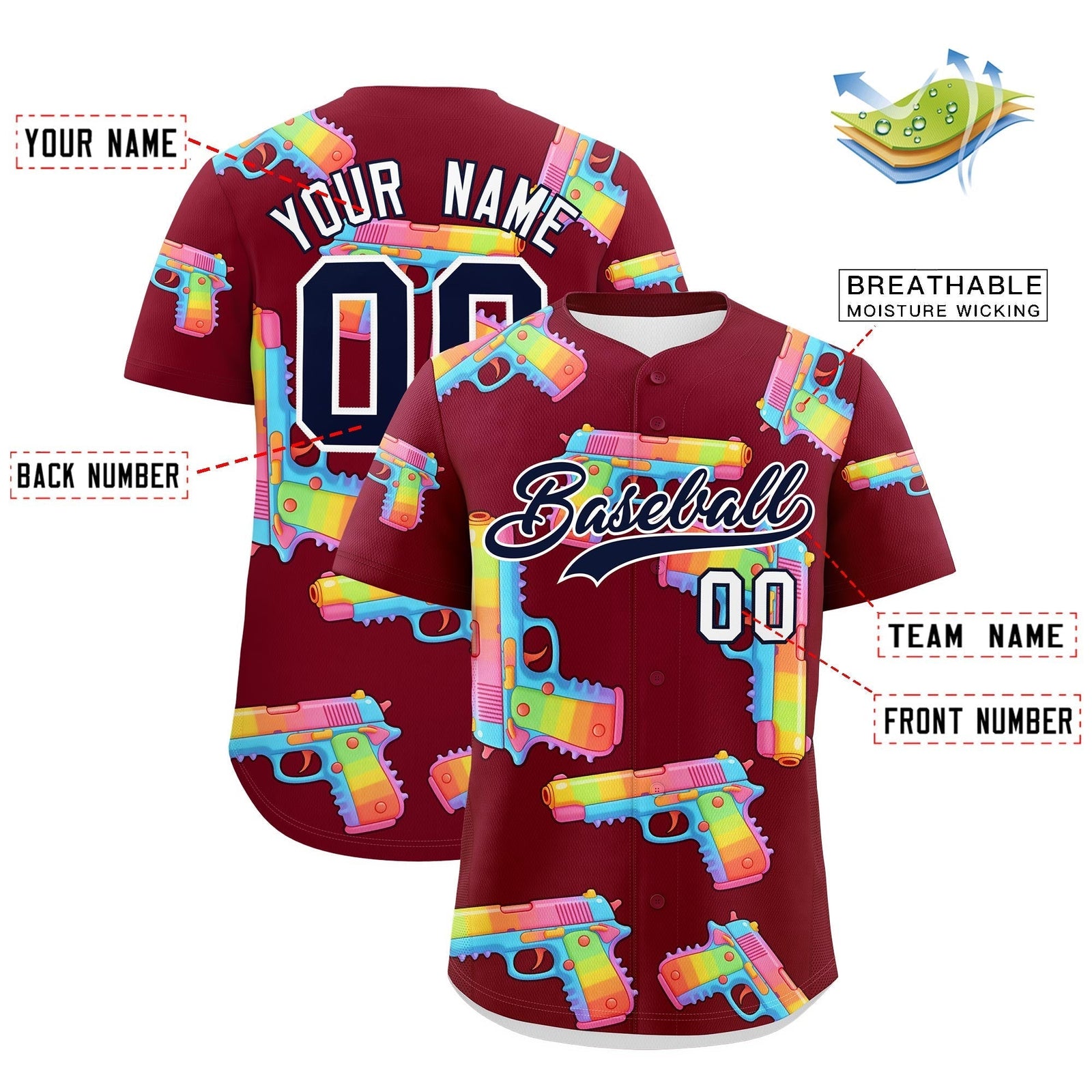 Custom Youth Baseball Jersey Crimson Navy Sugar-Coated Firepower Graffiti Pattern Street Style