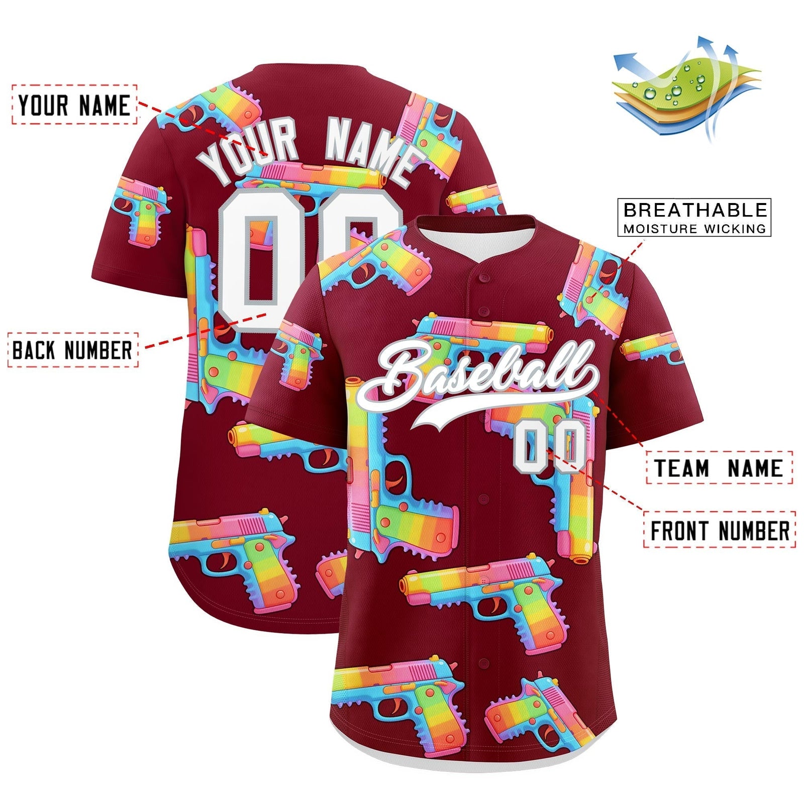 Custom Youth Baseball Jersey Crimson White Sugar-Coated Firepower Graffiti Pattern Hip-hop