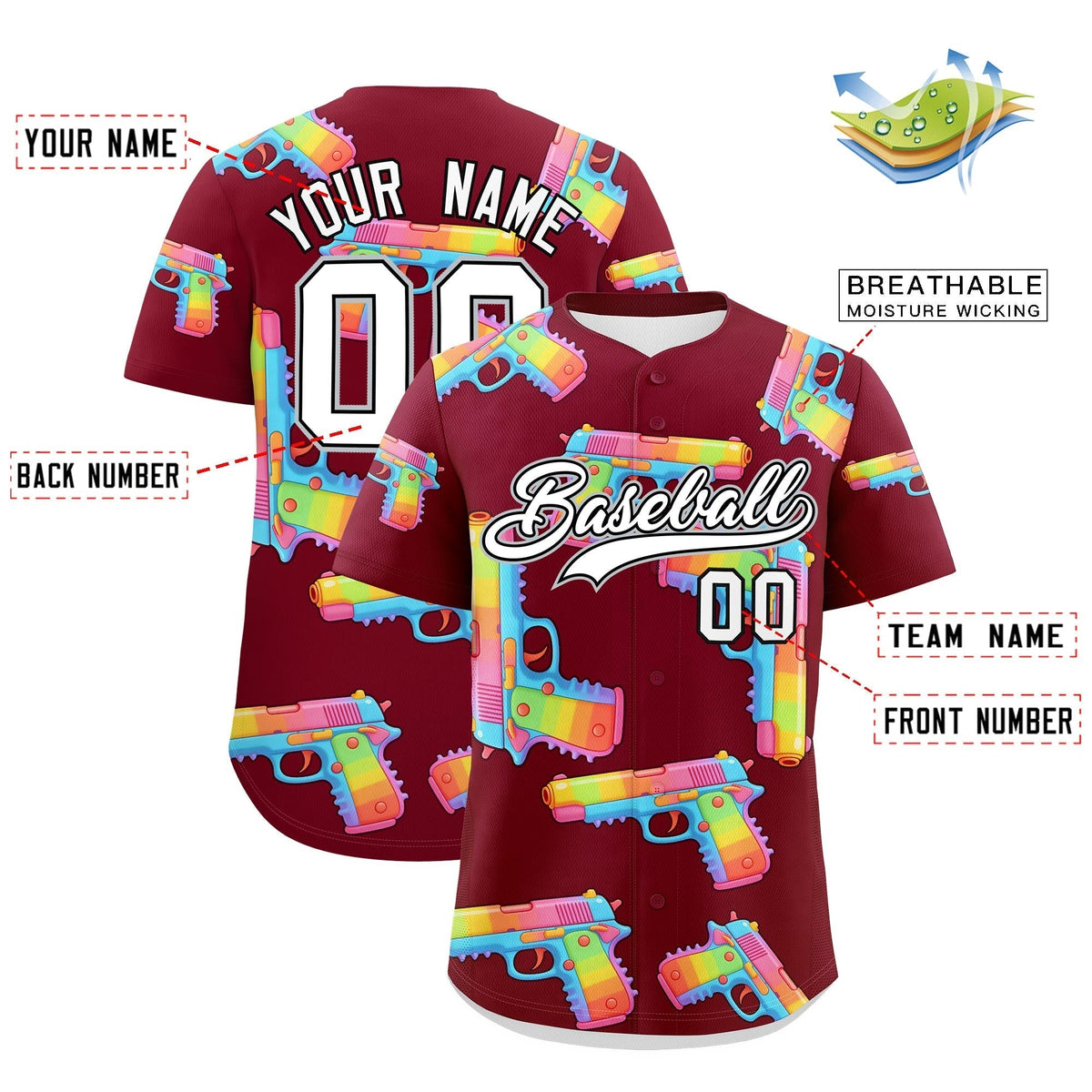 Custom Youth Baseball Jersey Crimson White Sugar-Coated Firepower Graffiti Pattern Urban Fashion