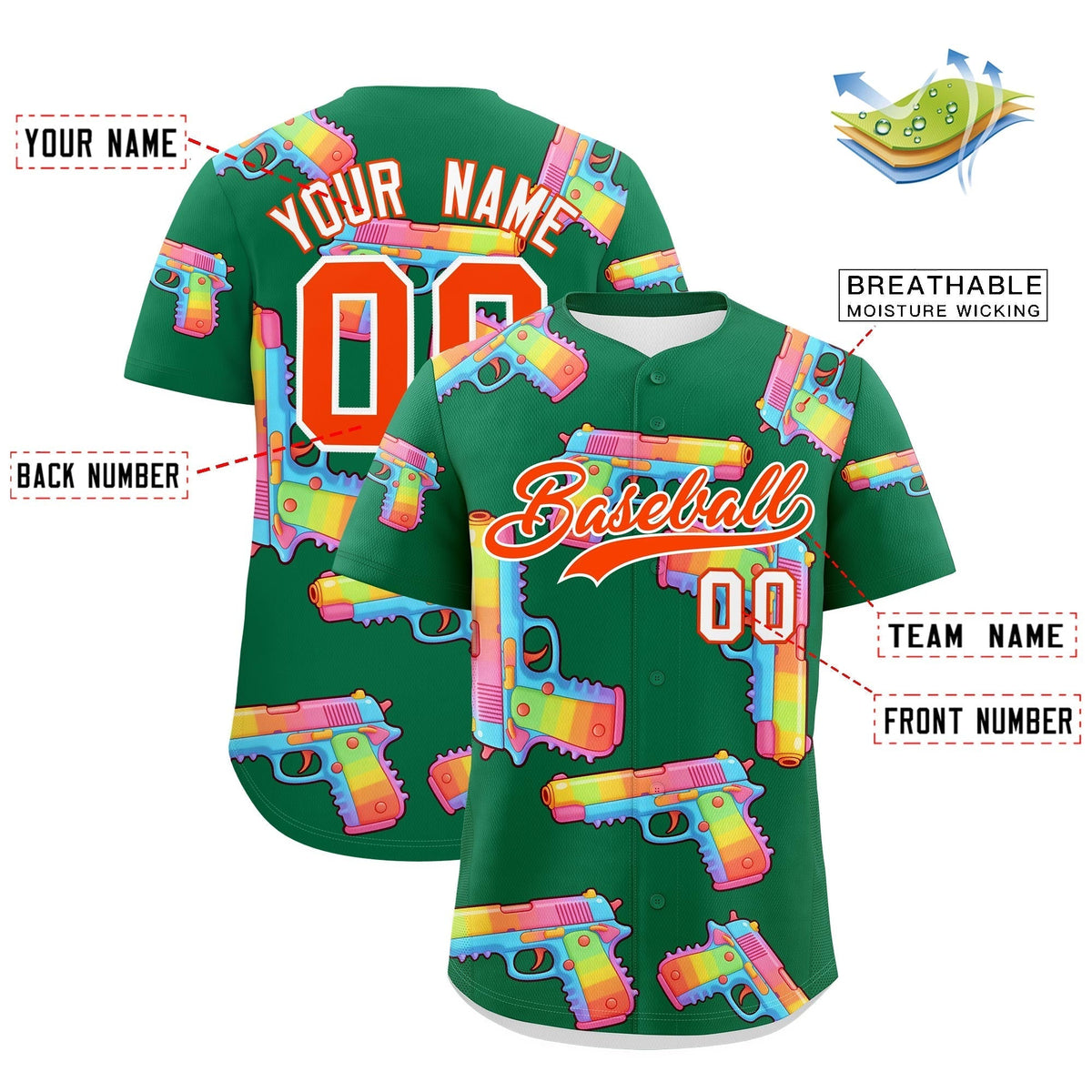 Custom Youth Baseball Jersey Kelly Green Orange Sugar-Coated Firepower Graffiti Pattern Street Style